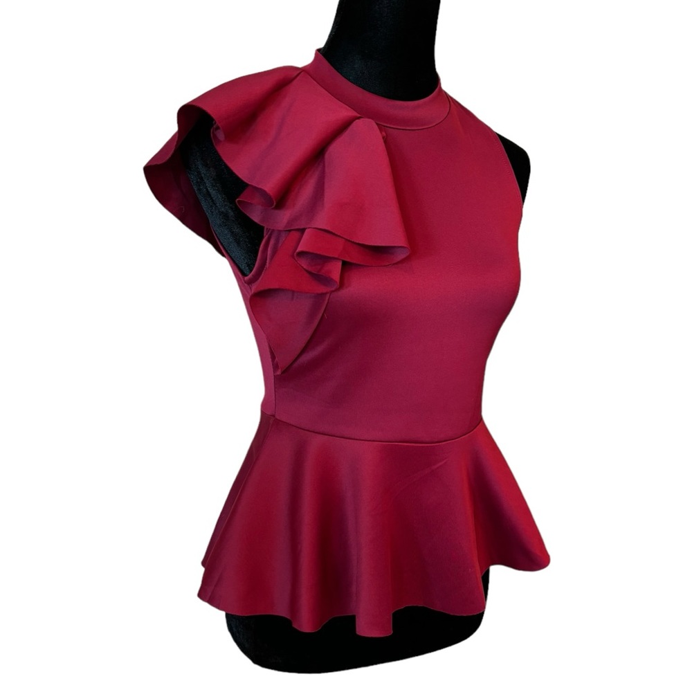 Side Ruffle Stretch Peplum Top Blue Burgundy - Picture 4 of 14